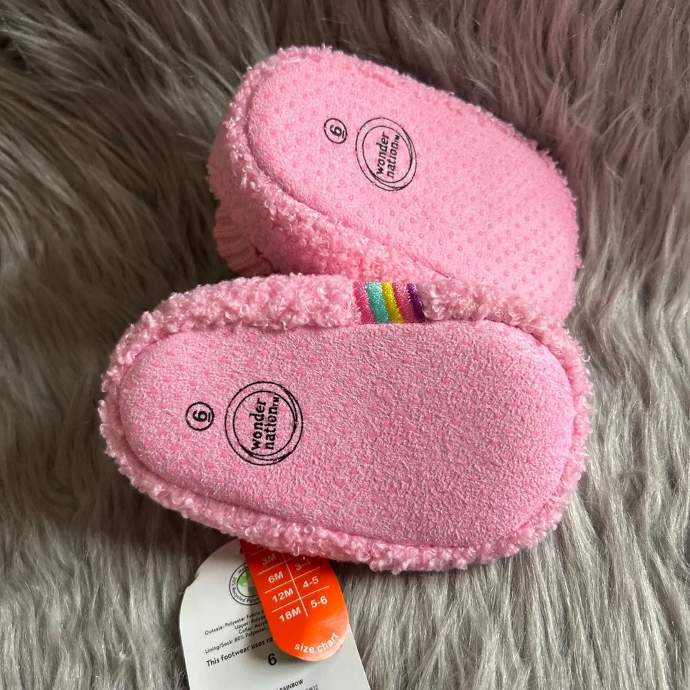 Wonder Nation Slippers Baby Girls Size 6 Pink Fuzzy Rainbow Shoes 18 Months